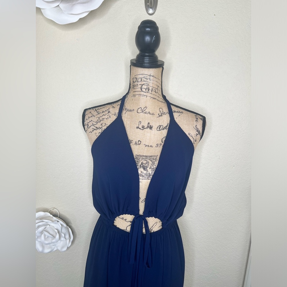 NTM: Tyche Navy Halter Cutout Wide-Leg Jumpsuit Flowy Boho Wear One-Piece Size L - Picture 4 of 16